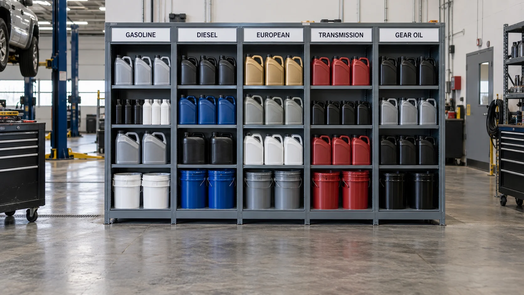Shop fluid rack showing sealed bottled and cased oils organized by category next to a section for larger drum-fed products