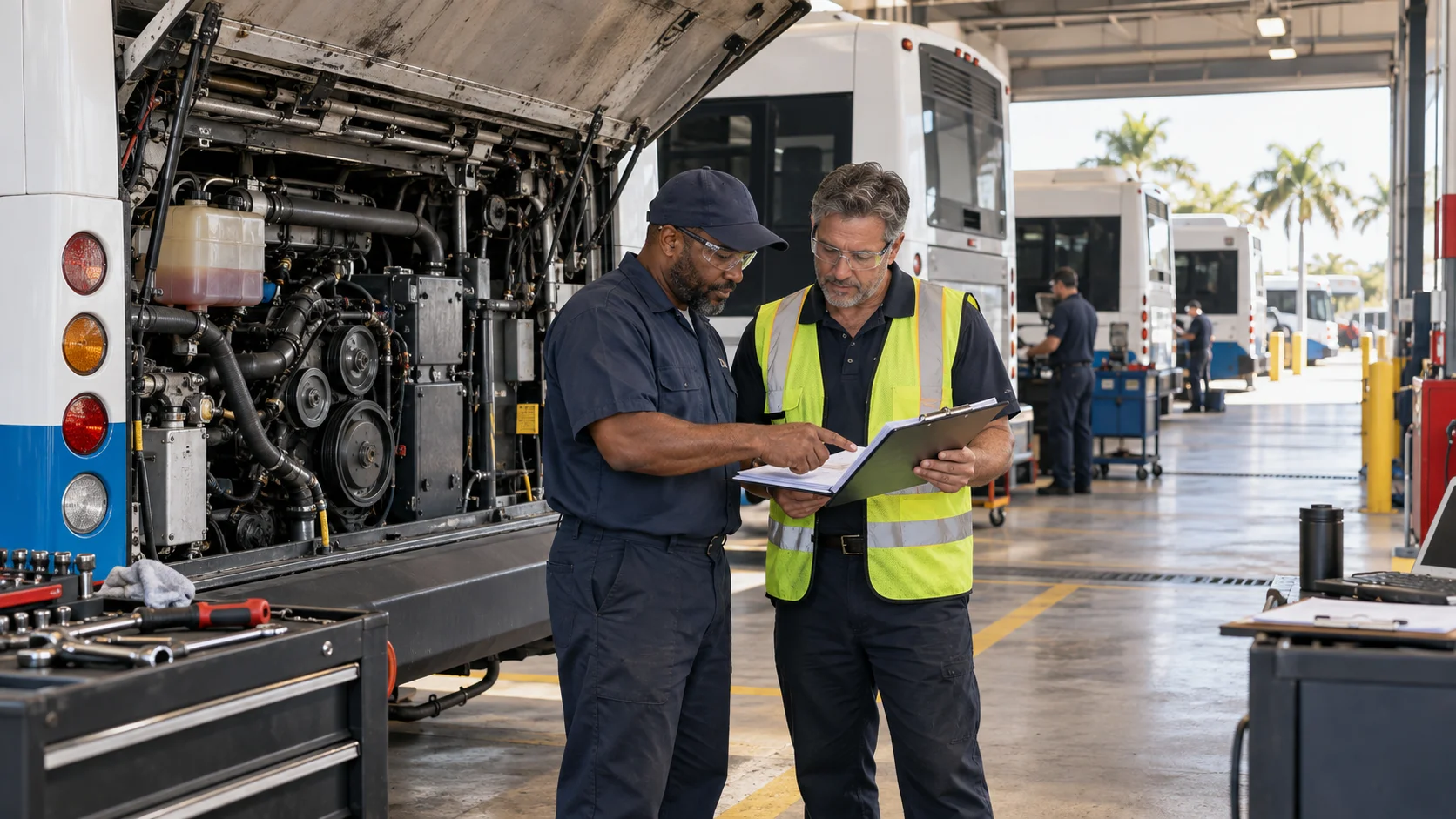 Two technicians reviewing a maintenance clipboard beside the open rear engine bay of a transit bus at a depot, with more buses being serviced in the background under a covered bay