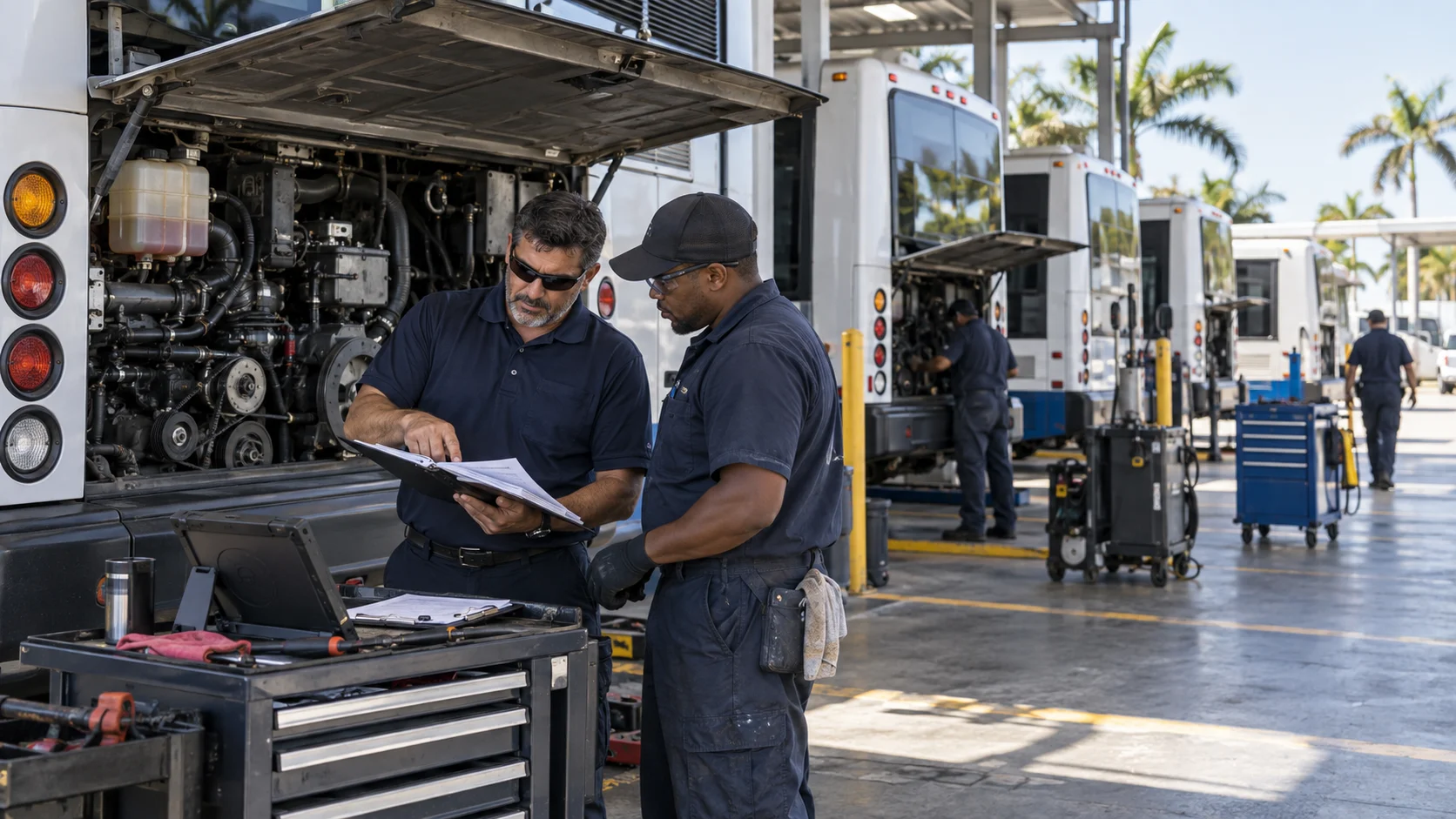 Two technicians reviewing a maintenance clipboard beside the open rear engine compartment of a transit bus, with several more buses being serviced under a depot canopy in the background