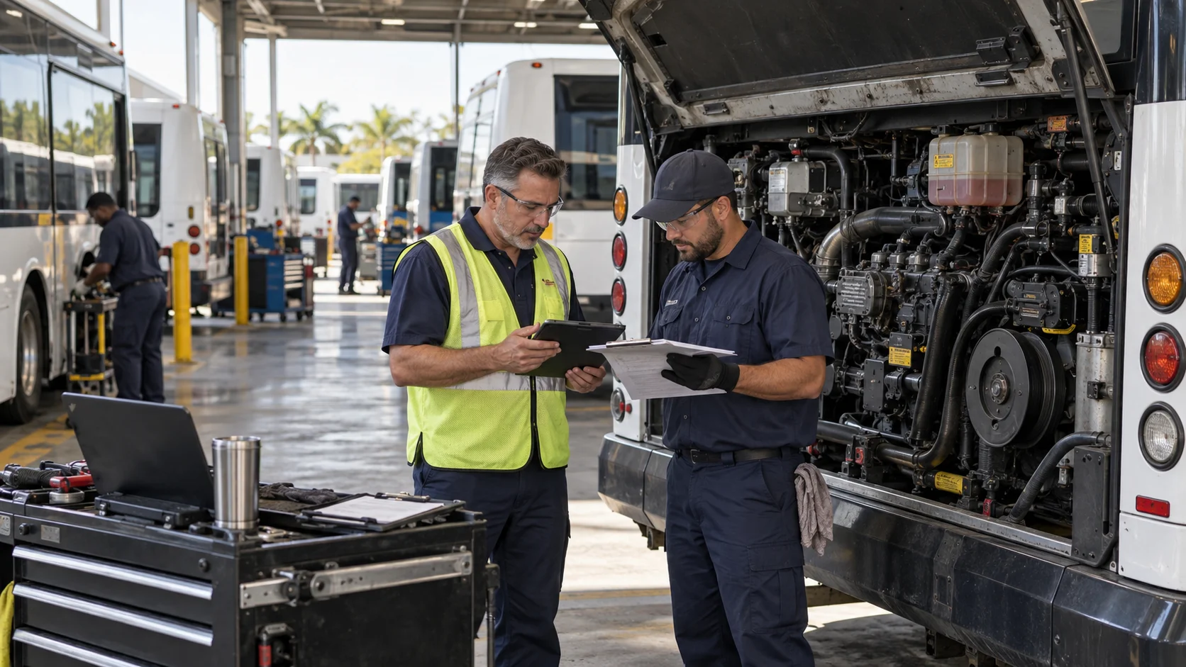Two mechanics at a bus depot reviewing a repair checklist on a clipboard beside a diesel engine bay, with a row of transit buses staged behind them