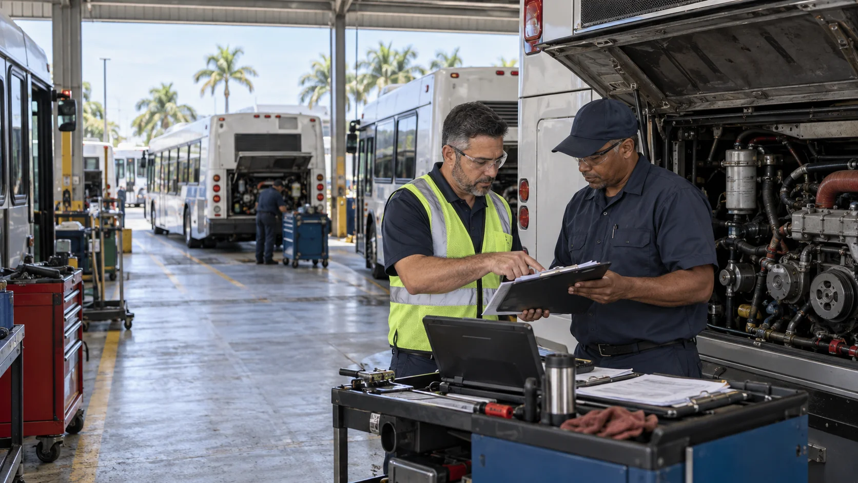 Fleet maintenance team of two technicians reviewing a clipboard together beside a bus with its rear engine bay open, buses lined up under a covered depot in the background