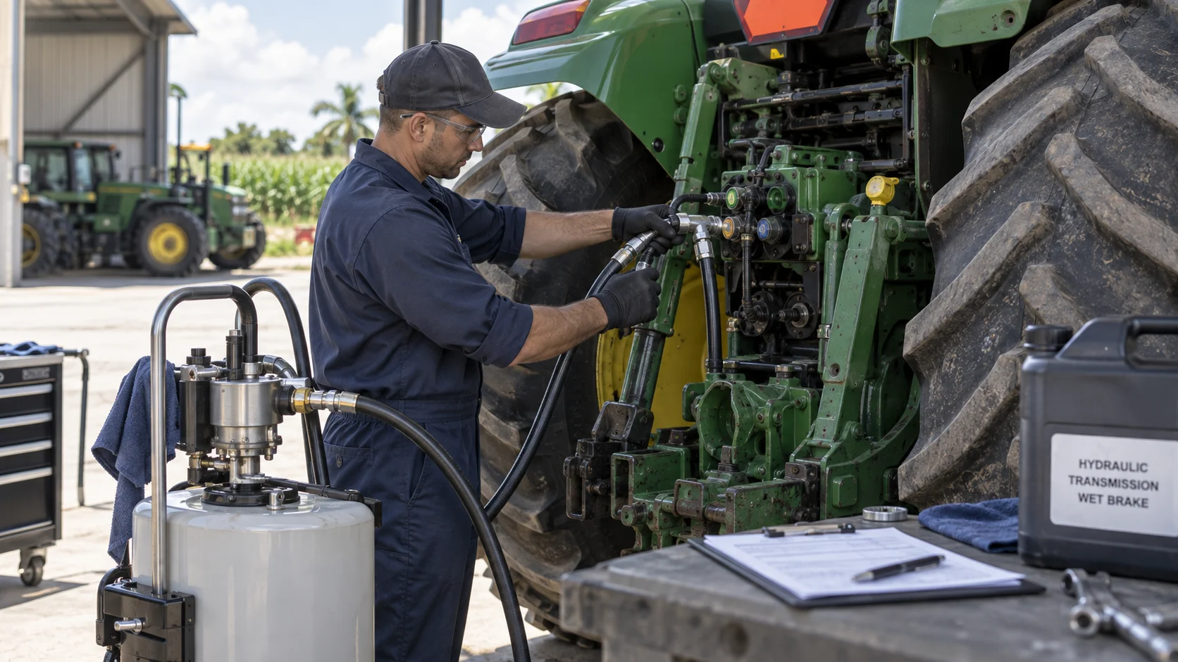 Farm mechanic connecting a hydraulic transfer hose to a green tractor's transmission-hydraulic block, with a labeled jug reading Hydraulic Transmission Wet Brake staged on the tailgate