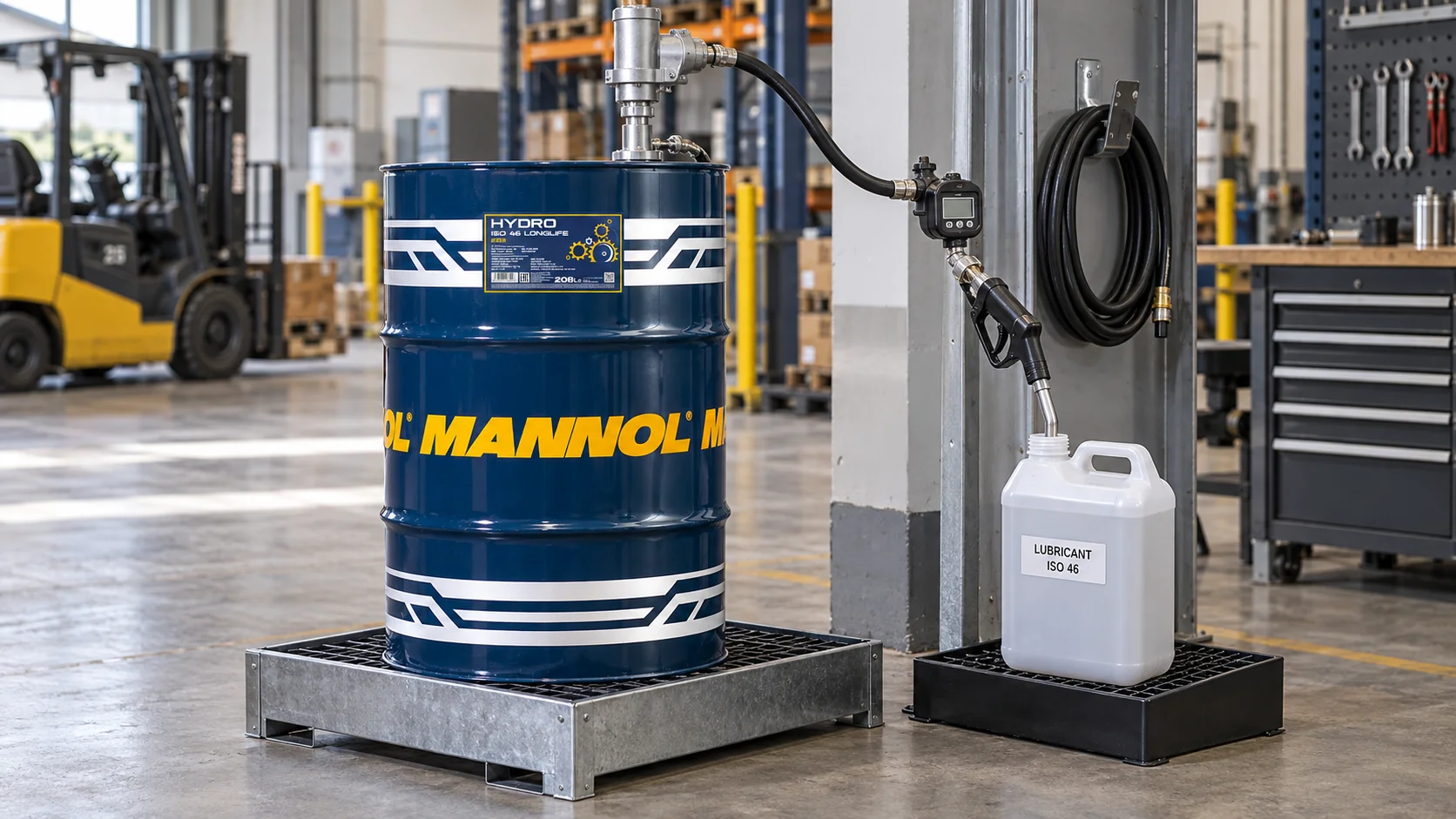 MANNOL 208-liter drum fitted with a metered pump, hose, and nozzle dispensing into a labeled jug on a spill containment tray