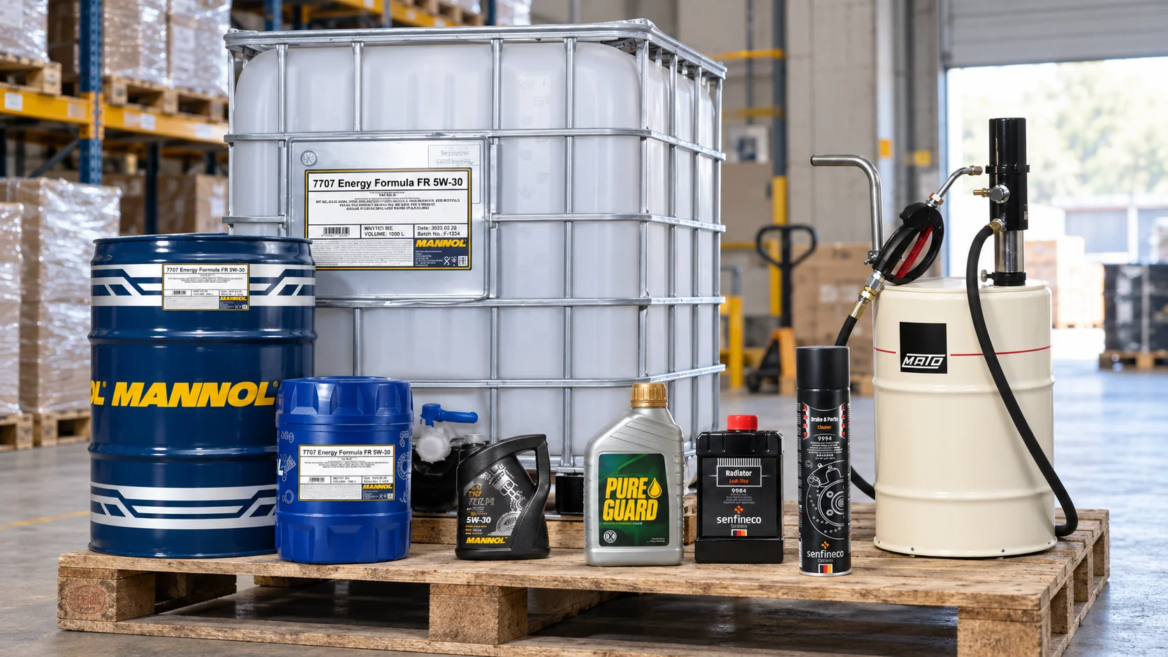 Drum, tote, jugs, and cased bottles of the same lubricant line grouped together on a warehouse pallet next to a MATO dispensing station