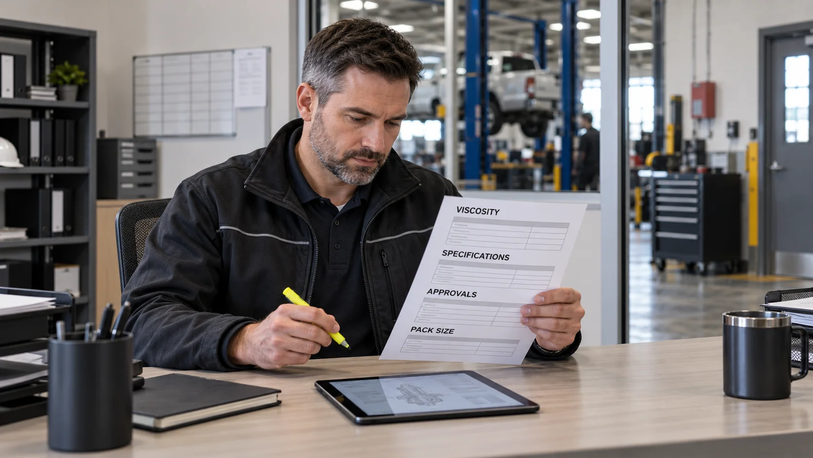 Shop manager at his desk cross-checking a lubricant specification sheet listing viscosity, specifications, approvals, and pack size against a tablet
