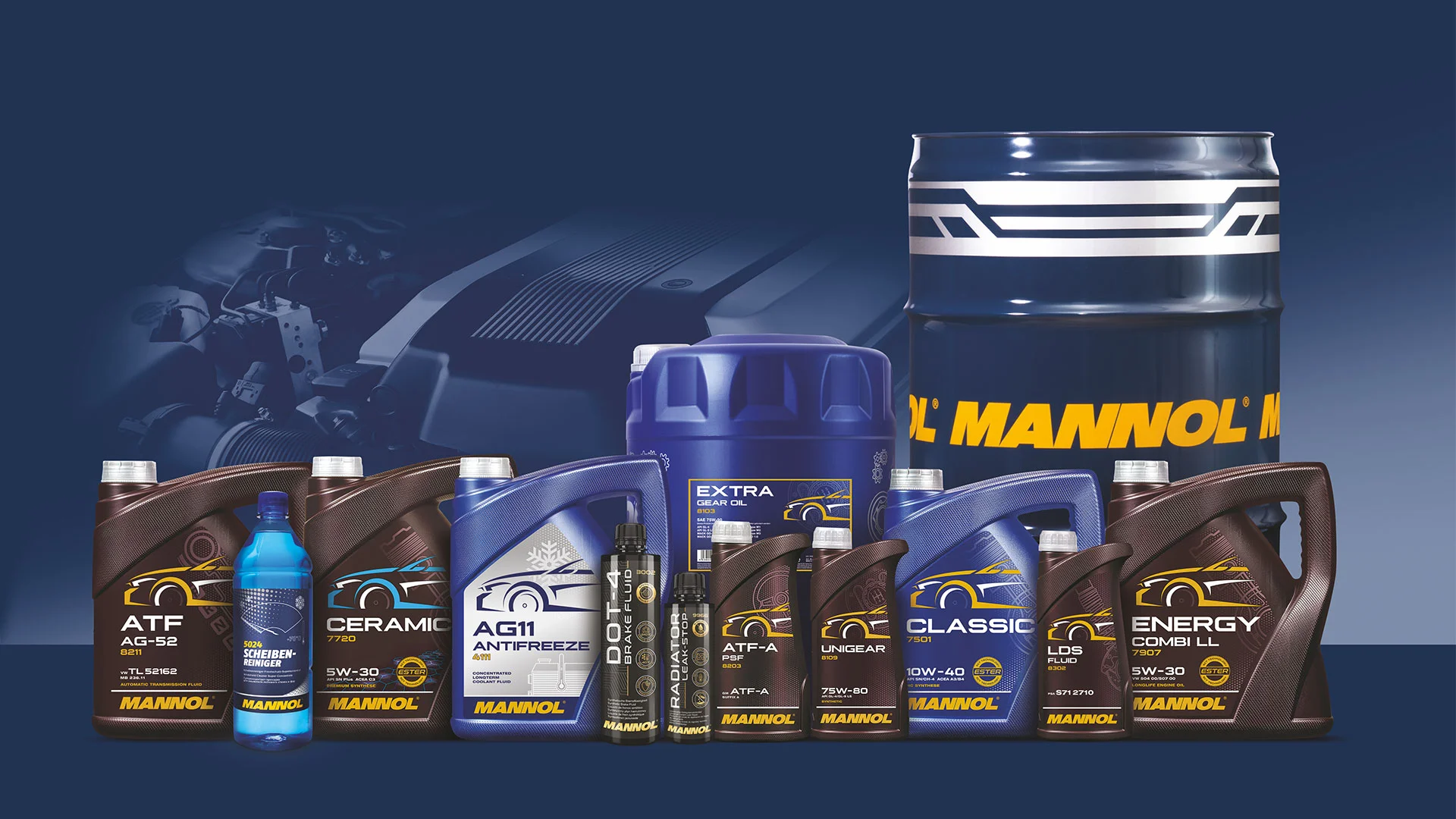 Full MANNOL product lineup on a dark blue background including ATF, windshield fluid, ceramic and energy engine oils, antifreeze, brake fluid, and a 208-liter drum, several labeled with ACEA C3 and VW 504 00/507 00
