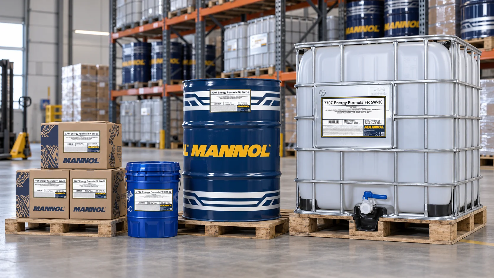 MANNOL product display in a warehouse showing ATF, coolant, gear oil, brake fluid, and PureGuard bottles arranged in front of a drum, with a technical application guide clipboard