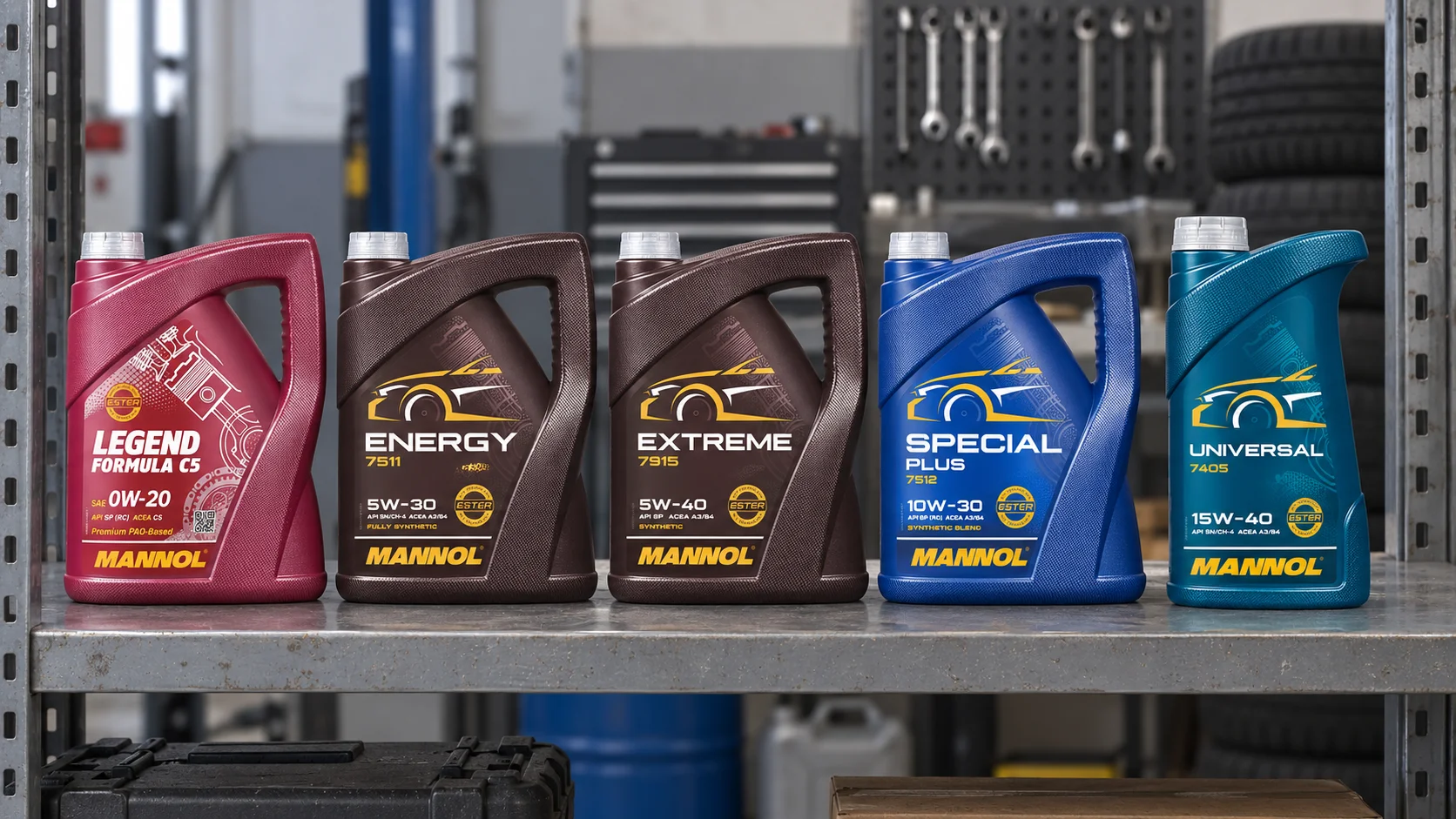 Five MANNOL engine oil jugs of different viscosities and ACEA categories lined up on a metal workshop shelf with tools and tires in the background