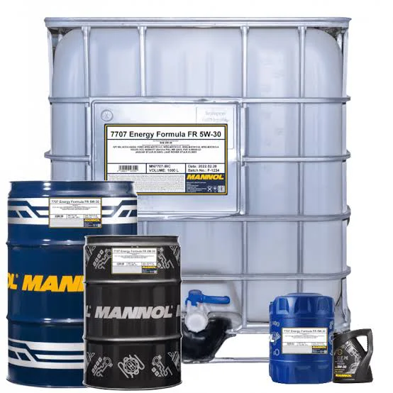 MANNOL 7707 Energy Formula FR product assortment showing an IBC tote, drums, a pail, and bottles of the same fluid across multiple package sizes