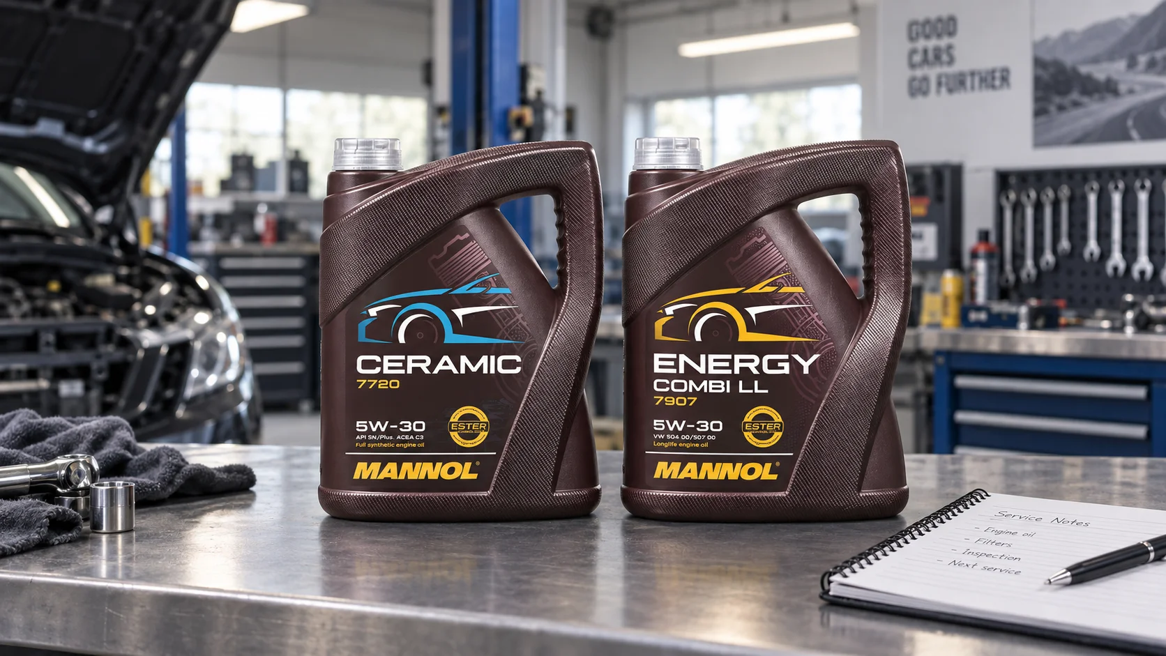 MANNOL Ceramic and Energy Combi LL engine oil bottles standing on a workshop bench next to a service notes notepad, with an open car hood and tool cabinet in the background
