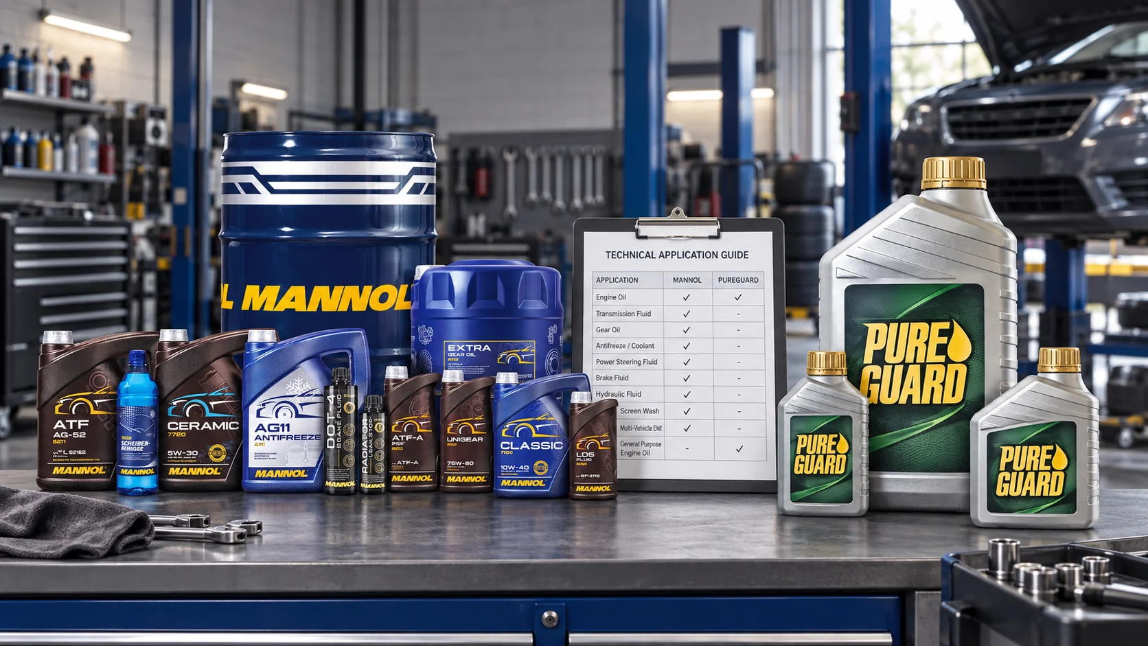 MANNOL and PureGuard product lines displayed side by side on a workshop bench next to a technical application guide comparing engine oil, transmission fluid, and hydraulic coverage by brand