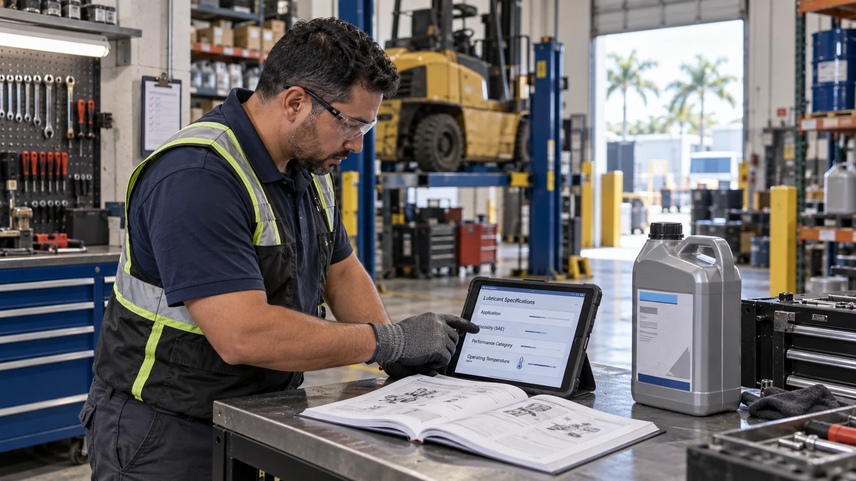 Warehouse technician reviewing a tablet showing lubricant specification fields for application, viscosity, and performance category next to a labeled jug