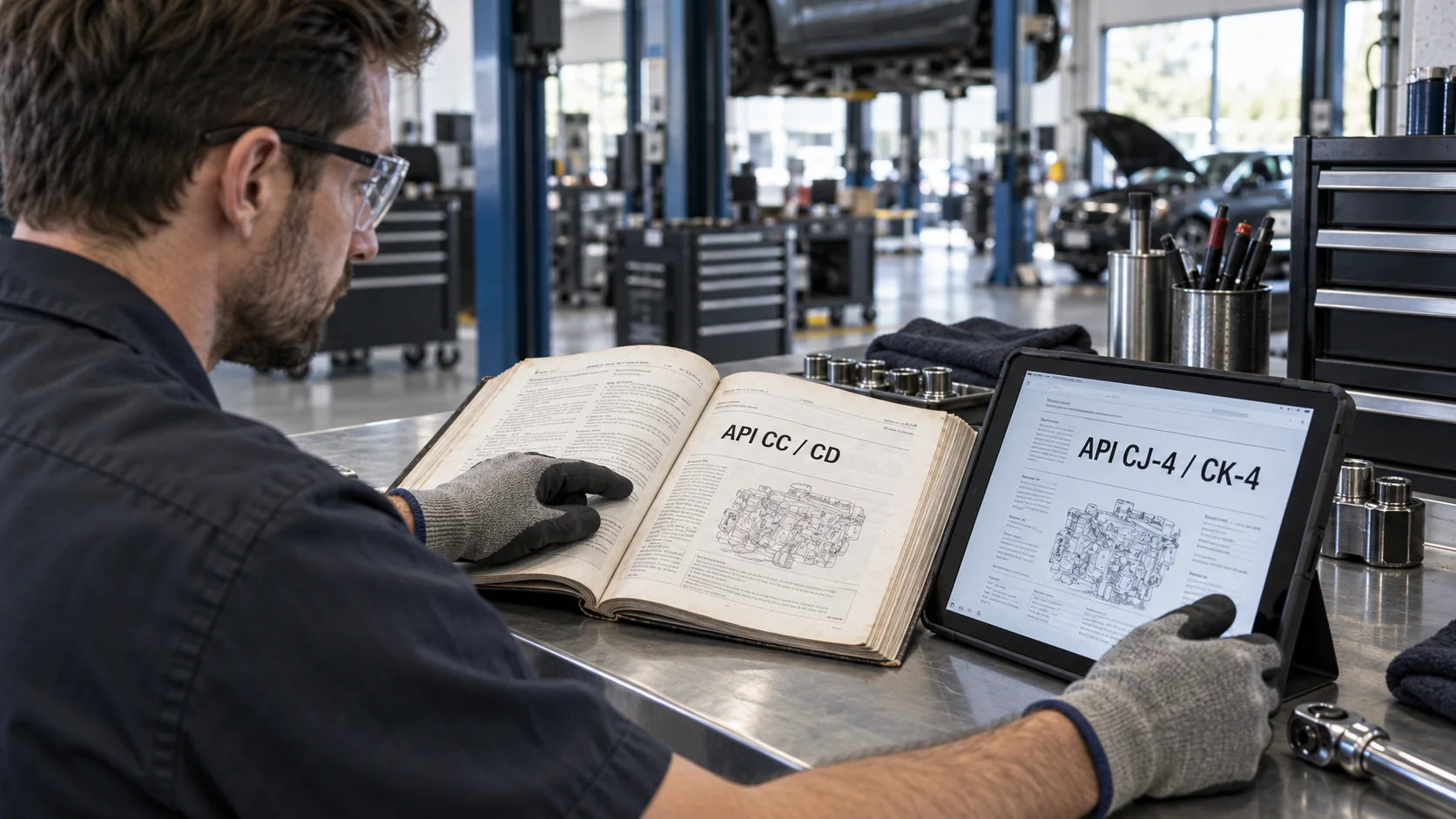 Mechanic comparing a legacy printed manual labeled API CC/CD against a tablet showing the modern API CJ-4/CK-4 specification, both open on a workshop bench