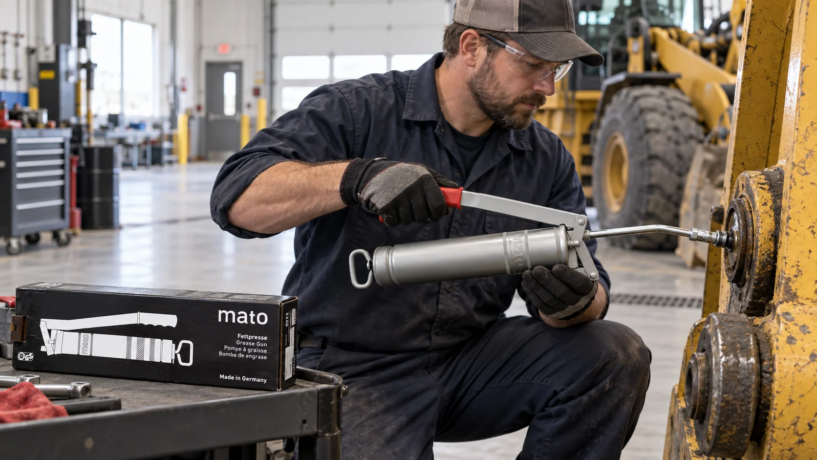Technician kneeling beside a wheel loader, applying grease to a pin joint with a MATO grease gun, with a branded MATO grease gun box open on a cart nearby