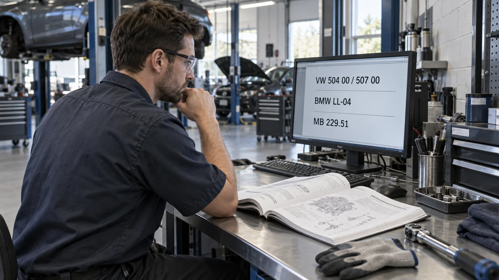 Mechanic at a workshop desk reviewing a monitor displaying VW 504 00/507 00, BMW LL-04, and MB 229.51 oil specifications beside an open service manual