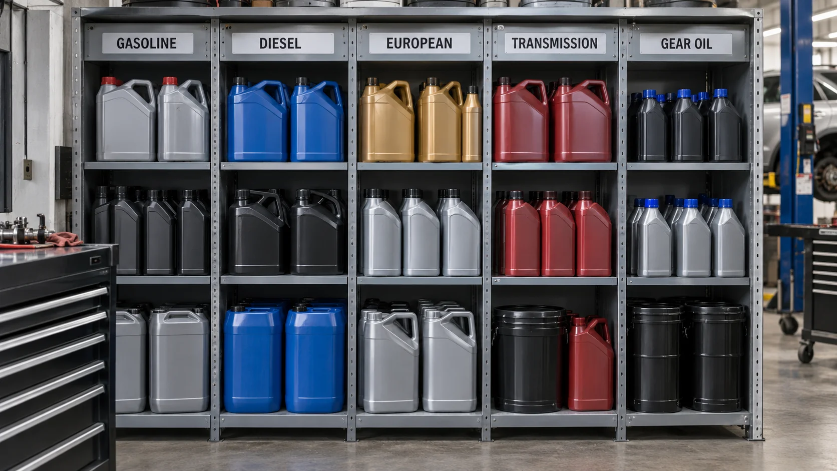 Workshop fluid storage rack organized by application, with a labeled transmission fluid section