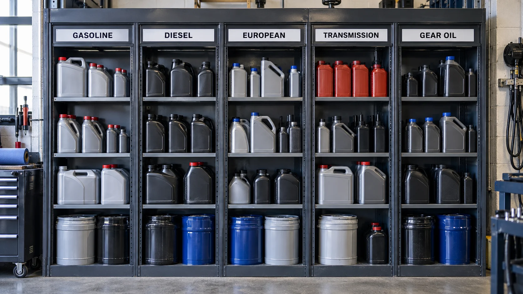 Shop storage cabinet organized into labeled gasoline, diesel, European, transmission, and gear-oil sections showing jugs, bottles, and drums together