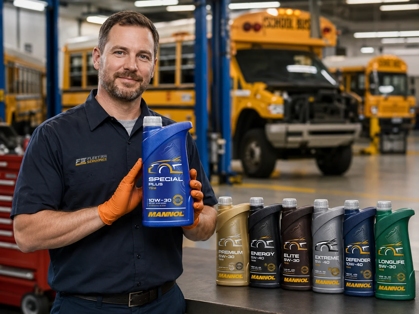 Fleet service technician wearing a Fleet Services shirt holding a MANNOL Special Plus 10W-30 quart in front of school buses and a lineup of MANNOL engine oil bottles on a workshop counter