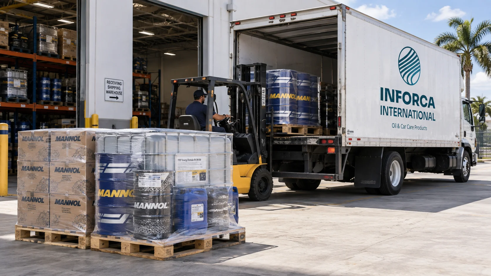 Inforca International branded delivery truck being loaded with MANNOL drums and pallets at a Florida warehouse dock, with palm trees visible through the open bay door