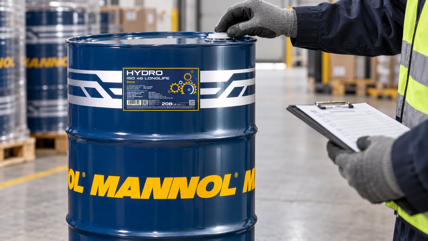 Warehouse employee in gloves inspecting the seal and label on top of a MANNOL 208-liter drum against a clipboard checklist