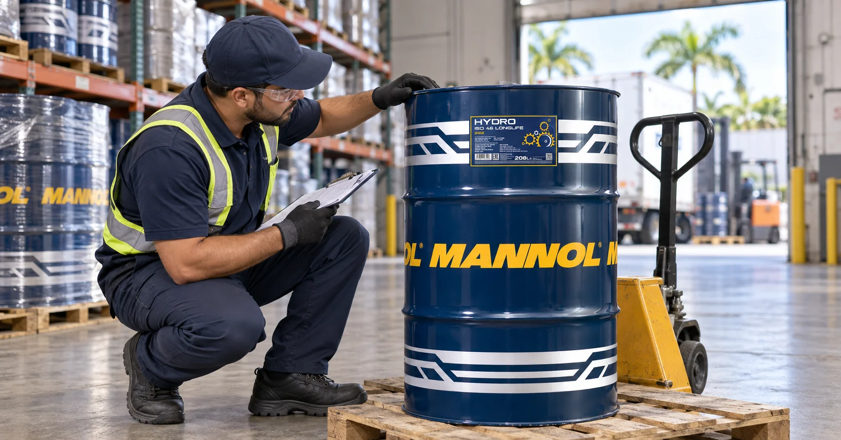 Warehouse worker in safety gear closely inspecting the seal and label of a MANNOL 208-liter drum on a pallet, clipboard in hand, before it enters storage