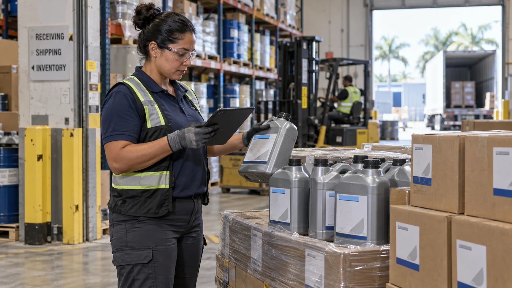 Warehouse employee at a Florida receiving dock checking gallon containers against a tablet while a forklift and trailer unload behind her, palm trees visible outside