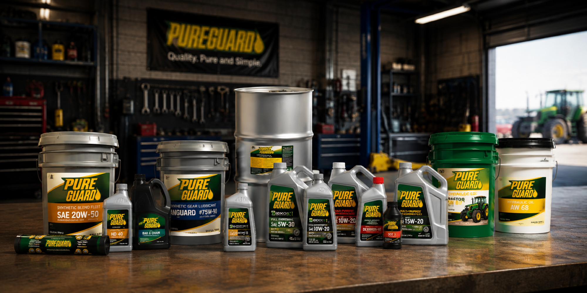 Pure Guard product lineup — motor oils, ATF, hydraulic oil, and grease